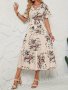 Floral Print Belted Tiered Dress Elegant Flared Short Sleeve V-neck Dress Women's Clothing