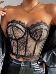 LaCie Lace Splicing Bustier Top Elegant Strapless Slim Fit Corset Top For Party & Club Women's Clothing