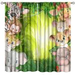 Fblifil Cartoon Kids Wildlife Curtains Woodland Animals Jungle Tropical Cute Lion Elephant Rod Pocket Window Drapes For Baby Boy
