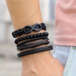 4PCS/SET Punk Hip Hop Handmade Braided Rope Pu Leather Infinity Cycle Pendant Men's Bracelet Bangle Casual Holiday Party Accesso