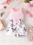 Baby's Cartoon Butterfly & Leaf Pattern 2PCS Trendy Summer Outfit Solid Ribbed Tank Top & Bowknot Decor Shorts Set Toddler & Inf