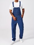 Men's Solid Denim Overalls With Pockets Casual Cotton Blend Jumpsuit For All Seasons