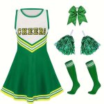 6PCS Women’s Green Cheerleading Dress Set With Bow Scrunchie