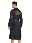 Men's Glossy Comfy King Printed Robe For Home Pajamas Wear One-piece Lace Up Kimono Night-robe Sets After Bath
