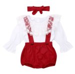 White Long Sleeve Top With Lace Neckline Red Overalls And Headband