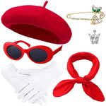 Zhanmai 6 Pcs French Red Beret Hat Set Women Girls Paris Outfits Accessories Retro Chiffon Scarf Oval Sunglasses Gloves Alloy Br