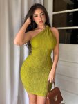 Solid Textured One Shoulder Dress Sexy Sleeveless Bodycon Asymmetric Dress Women's Clothing