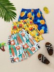 3 Pairs Of Boys' Swimming Pants Elastic Waist Beach Pants Cartoon Surfboard Excavator Tropical Fruit Swimming Shorts Comfortable