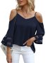 Contrast Mesh Spaghetti Strap Blouse Casual Cold Shoulder Top For Spring & Summer Women's Clothing