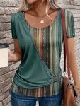 Plus Size Stripe Print Ring Detail T-Shirt Casual Short Sleeve Top For Spring & Summer Women's Plus Size Clothing