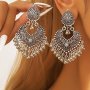 Metal Bells Tassel Vintage Carved Pattern Dangle Earrings Boho Vacation Style Silver Plated Jewelry Holiday Earrings