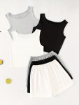 3 Sets Simple Solid Lounge Set Crew Neck Sleeveless Top & Elastic Waistband Shorts Women's Loungewear & Sleepwear