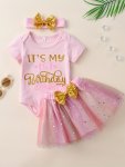3PCS Baby Girls Cute "it's My 1ST Birthday" Graphic Short Sleeve Onesie Romper & Mesh Bowknot Skirt & Headband Set Party Birthda