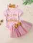 3pcs Baby Girls Cute "It's My 1st Birthday" Graphic Short Sleeve Onesie Romper & Mesh Bowknot Skirt & Headband Set Party Birthday Gifts Kids Cotton Clothes