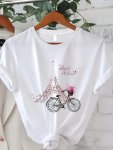 Paris Print T-Shirt Short Sleeve Crew Neck Casual Top For Summer & Spring Women's Clothing