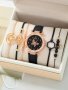 1PC Rhinestone Decor Round Pointer Quartz Watch & 5PCS Bracelet