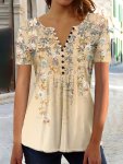Floral Print Button Front T-Shirt Casual Short Sleeve Top For Spring & Summer Women's Clothing