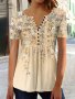 Floral Print Button Front T-shirt Casual Short Sleeve Top For Spring & Summer Women's Clothing