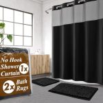 Barossa Design 3 Pcs No Hook Black Shower Curtain Set With Chenille Bath Rugs - 71" X 74" Shower Curtain With Snap-in Fabric Lin