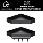 Black 2 Level Corner Mount Shower Caddy With Hooks