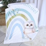 Personalised Fleece Blanket Rainbow Eucalyptus Owl Set