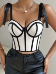 Color Block Low Cut Cami Top Sexy Backless Knot Strap Slim Crop Sleeveless Top For Spring & Summer Women's Clothing