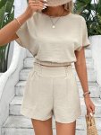 Solid Elastic Waist Shorts Set Casual Crew Neck Short Sleeve Back Keyhole Top & Ruffle Trim Pocket Design Shorts Outfits Women's