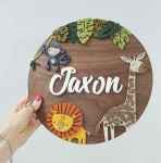 Wooden Name Board In Theme Safari Cut Out Monkey Lion Giraffe