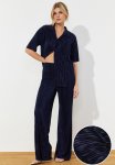 Pleated Wide Cut Shirt And Trousers Knitted Bottom Top Set - Navy Blue