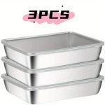 2 3 Piece Stainless Steel Crisper Container Set With Clear Lids - Leak-proof Stackable Food Meat Produce Storage Containers - Du