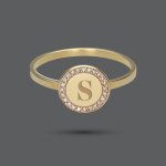 Gold Initial Round Diamond Signet Ring