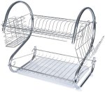 2-TIER Chrome Dish Drying Rack Organiser Space-saving Kitchen Drainer With Utensil Holder & Drip Tray Steel Dish Drying Kitchen