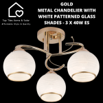 Goldair Gold Metal Chandelier With White Patterned Glass Shades - 3 X 40W Es