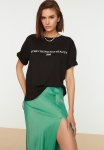 Slogan Printed Relaxed Crew Neck Knitted T-Shirt - Black