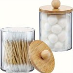 Chic Acrylic Storage Jar With Wooden Lid - Perfect For Cotton Swabs Makeup Pads & Small Items - Home Organization Essential Acry