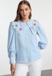 Embroidery Detailed Balloon Sleeve Woven Shirt - Blue