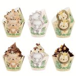 6PCS Jungle Forest Animal Cupcake Wrappers Green Forest Jungle Animals Happy Birthday Party Decorations Safari Wild One 1ST Birt