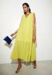 V-neck Pleated Trapeze Midi Dress - Chartreuse