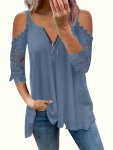 Cold Shoulder Zipper Top V Neck Short Sleeve Lace Stitching T-Shirt Casual Every Day Tops Women's Clothing