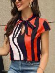 Striped Cap Sleeve Blouse Casual Tie Front Random Printing Blouse For Spring & Summer Women's Clothing