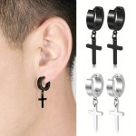 2PAIRS Simple Cross Ear Buckle Earrings Men's Stainless Steel Ear Clip Earrings