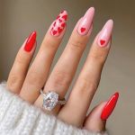 Valentine's Day Press On Pink Almond Nails - Medium Fake Nails With Red Heart Designs Glossy Reusable Stick On Glue On 24PCS