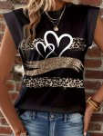 Leopard & Heart Print T-Shirt Casual Crew Neck Cap Sleeve Top For Spring & Summer Women's Clothing