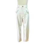 White Vintage Floral Embroidered High Waist Denim Pants - M