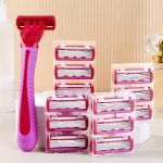 Manual Women's Razor 1 HANDLE+12 Blades Body Bikini Safety Hair Removal Razor 6-LAYERS Stainless Steel Shaving Blades Replaceabl