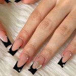 24PCS Medium Long Press On Nails Black French Tip Fake Nails With 3D Butterfly And Pearl Design French Coffin False Nails Glitte
