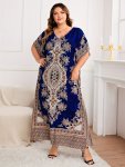 Plus Size Ethnic Floral Print Loose Dress Casual V Neck Batwing Sleeve Dress For Spring & Summer Women's Plus Size Clothing