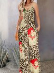 Christmas Santa & Leopard Print Jumpsuit Casual Ruched Spaghetti Strap Wide Leg Jumpsuit With Pocket For Spring & Summer Women's