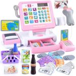 Play Kids Cash Register Toy - Pretend Play Calculator Register Toys With Microphone conveyors play Money scanner credit Card can