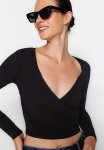 Double Breasted Collar Lace Detailed Long Sleeve Crop Cotton Stretch Knit Blouse - Black